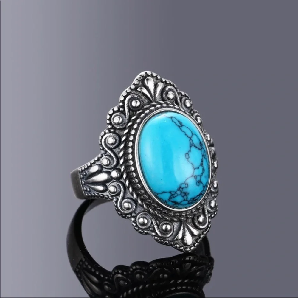 925 STERLING SILVER VINTAGE TURQUOISE NATURAL LABRADORITE SIZE 7 RING - Picture 3 of 5